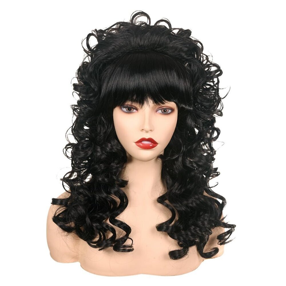 80s Long Curly Vintage Cosplay Wig with Bang for Women Halloween Party Black
